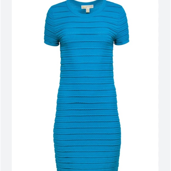 Michael Kors turquoise scalloped edge stretchy striped bodycon dress - Picture 3 of 12
